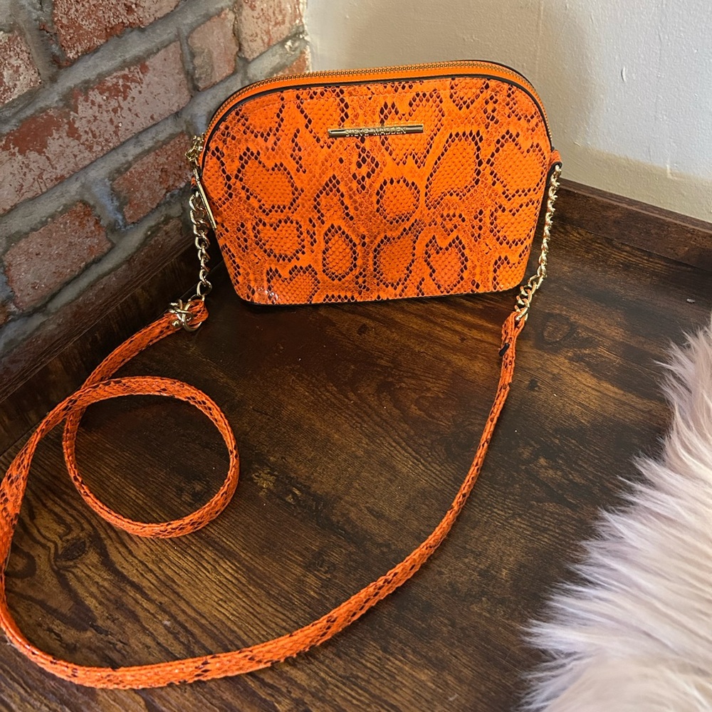 Steve Madden Orange Snake-Print Crossbody with Gold Chain Accents